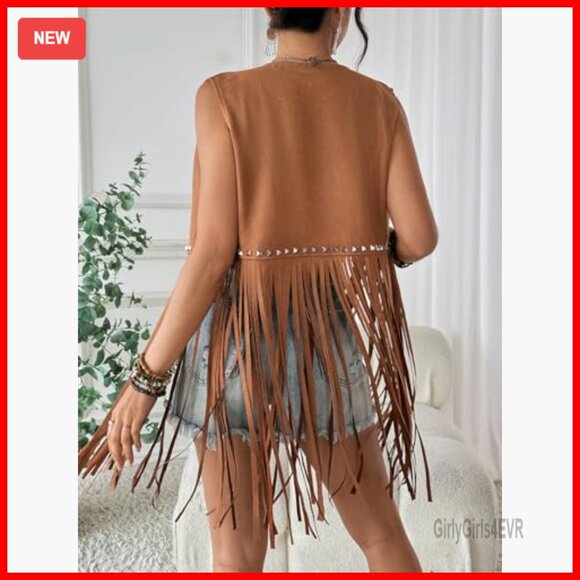Faux Suede Fringe Vest with Studs, Sleeveless Western Boho Jacket - Picture 2 of 5